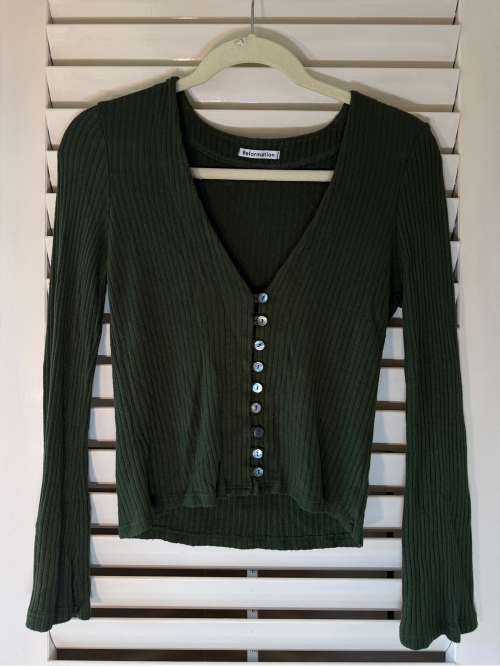 Reformation Dark Olive Ribbed V-Neck Button-Front Long Sleeve Top